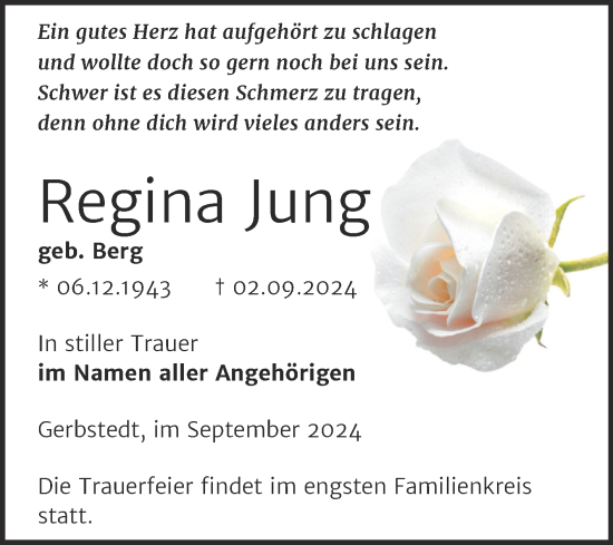 Traueranzeige von Regina Jung von Trauerkombi Mansfelder Land