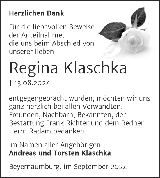 Traueranzeige von Regina Klaschka von Trauerkombi Sangerhausen