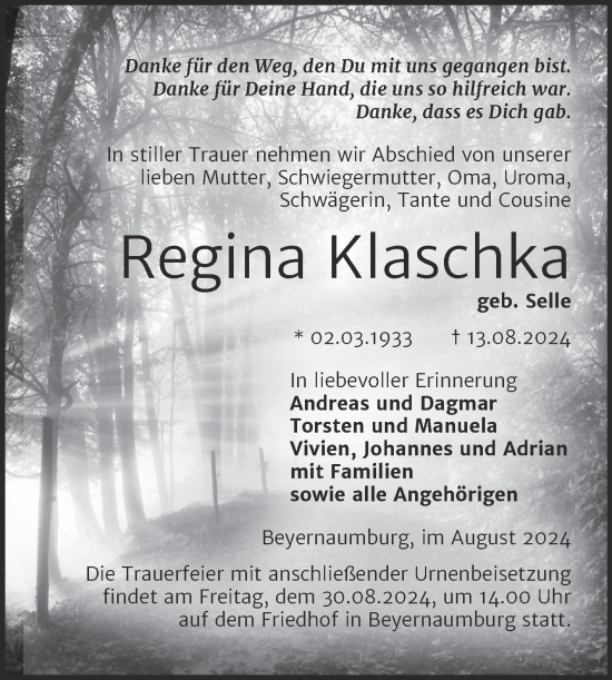 Traueranzeige von Regina Klaschka von Trauerkombi Sangerhausen