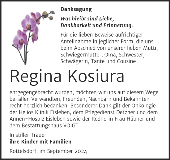 Traueranzeige von Regina Kosiura von Trauerkombi Mansfelder Land