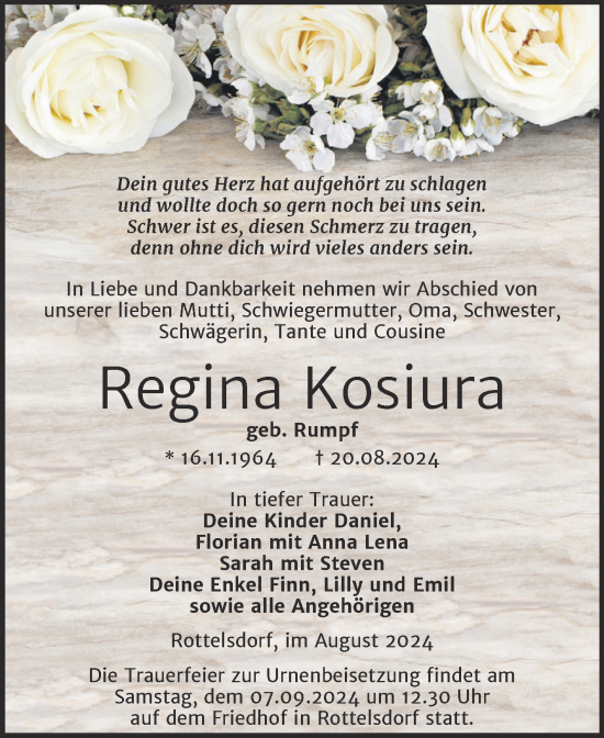 Traueranzeige von Regina Kosiura von Trauerkombi Mansfelder Land