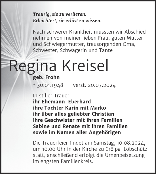 Traueranzeige von Regina Kreisel von Super Sonntag Naumburg/Nebra