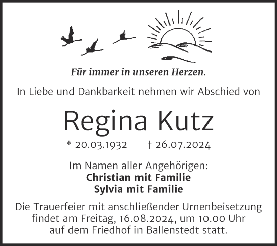 Traueranzeige von Regina Kutz von Trauerkombi Quedlinburg