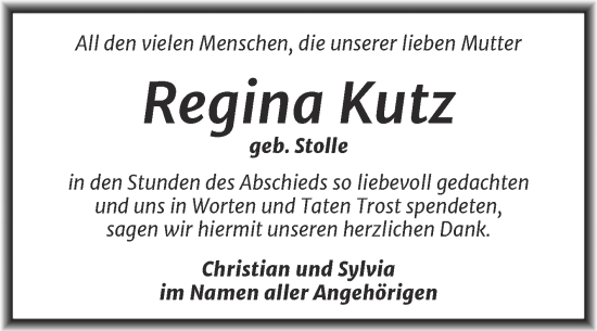 Traueranzeige von Regina Kutz von Trauerkombi Quedlinburg