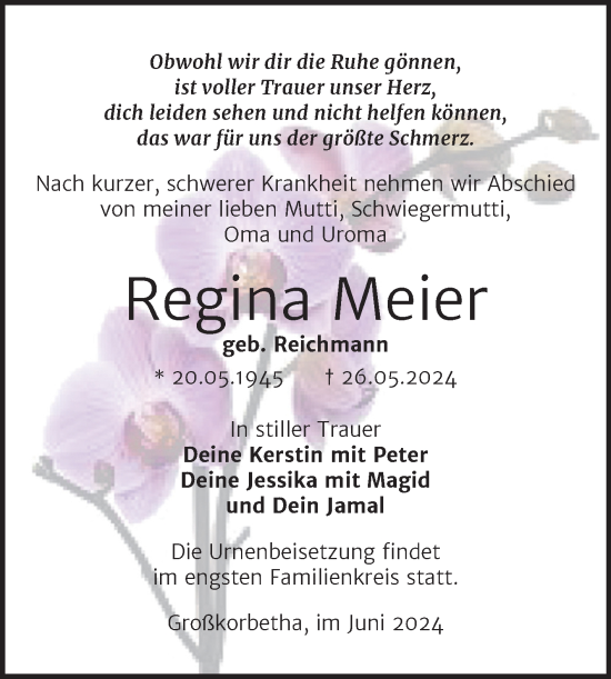 Traueranzeige von Regina Meier von Trauerkombi Weißenfels