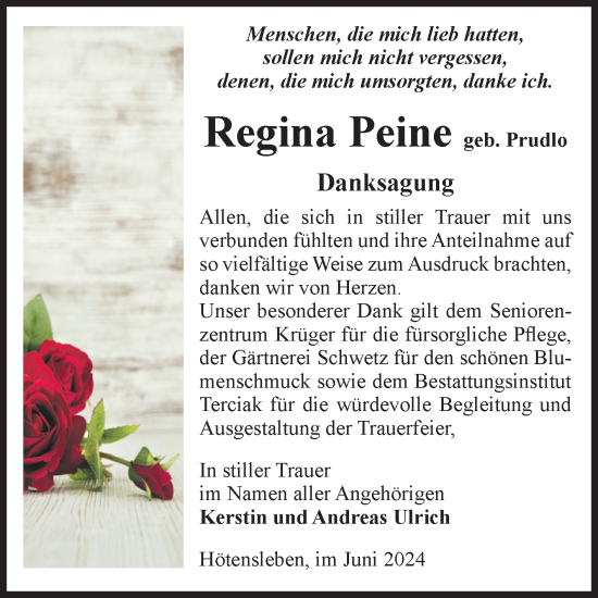 Traueranzeige von Regina Peine von Volksstimme Oschersleben/Wanzleben