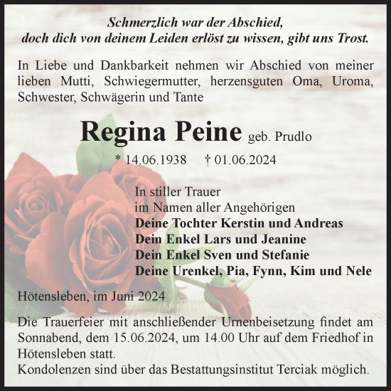 Traueranzeige von Regina Peine von Volksstimme Oschersleben/Wanzleben
