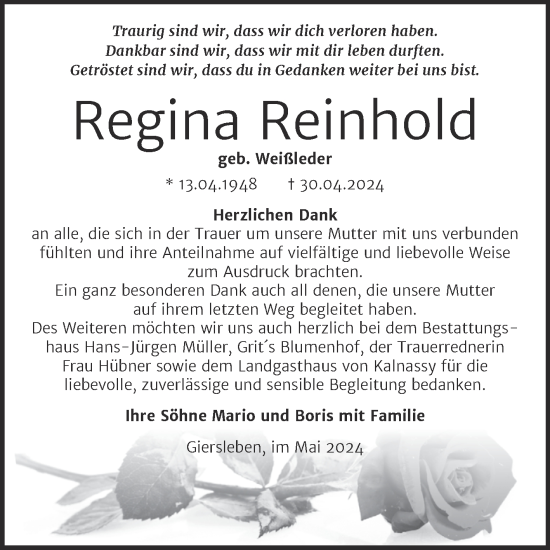 Traueranzeige von Regina Reinhold von Trauerkombi Aschersleben