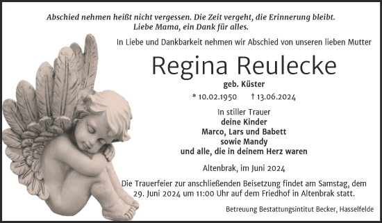 Traueranzeige von Regina Reulecke von Volksstimme Wernigerode