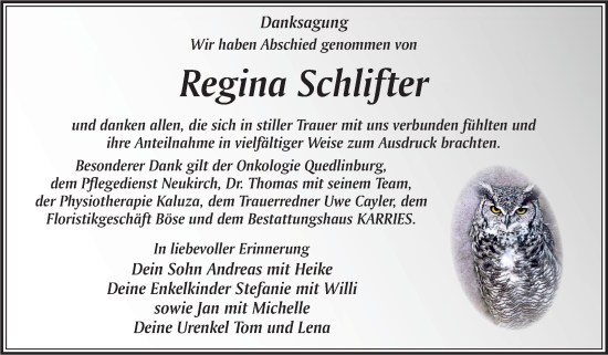 Traueranzeige von Regina Schlifter von Trauerkombi Quedlinburg