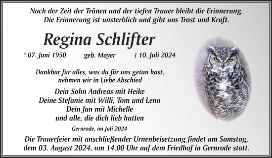 Traueranzeige von Regina Schlifter von Trauerkombi Quedlinburg