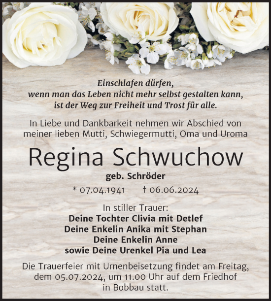 Traueranzeige von Regina Schwuchow von Trauerkombi Bitterfeld