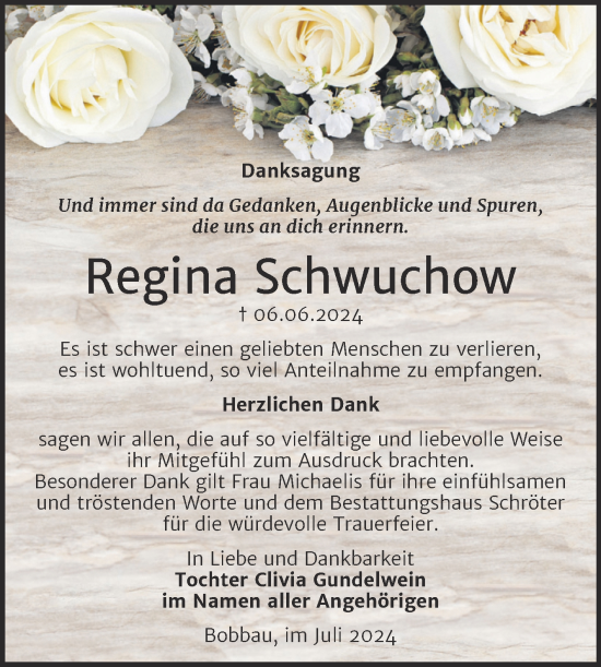 Traueranzeige von Regina Schwuchow von Trauerkombi Bitterfeld