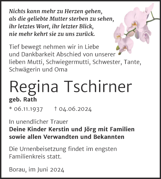 Traueranzeige von Regina Tschirner von Trauerkombi Weißenfels