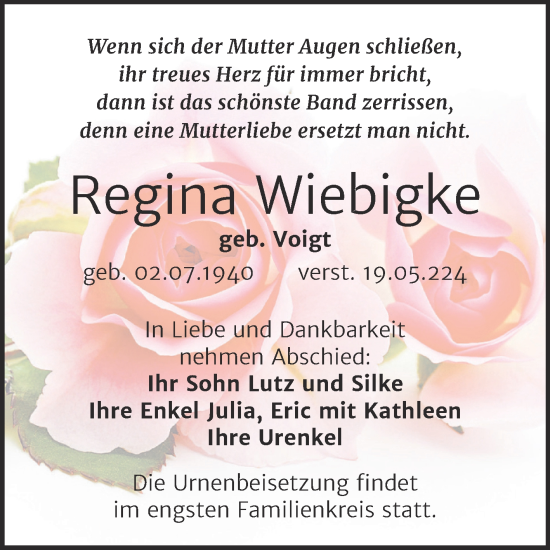 Traueranzeige von Regina Wiebigke von Trauerkombi Weißenfels