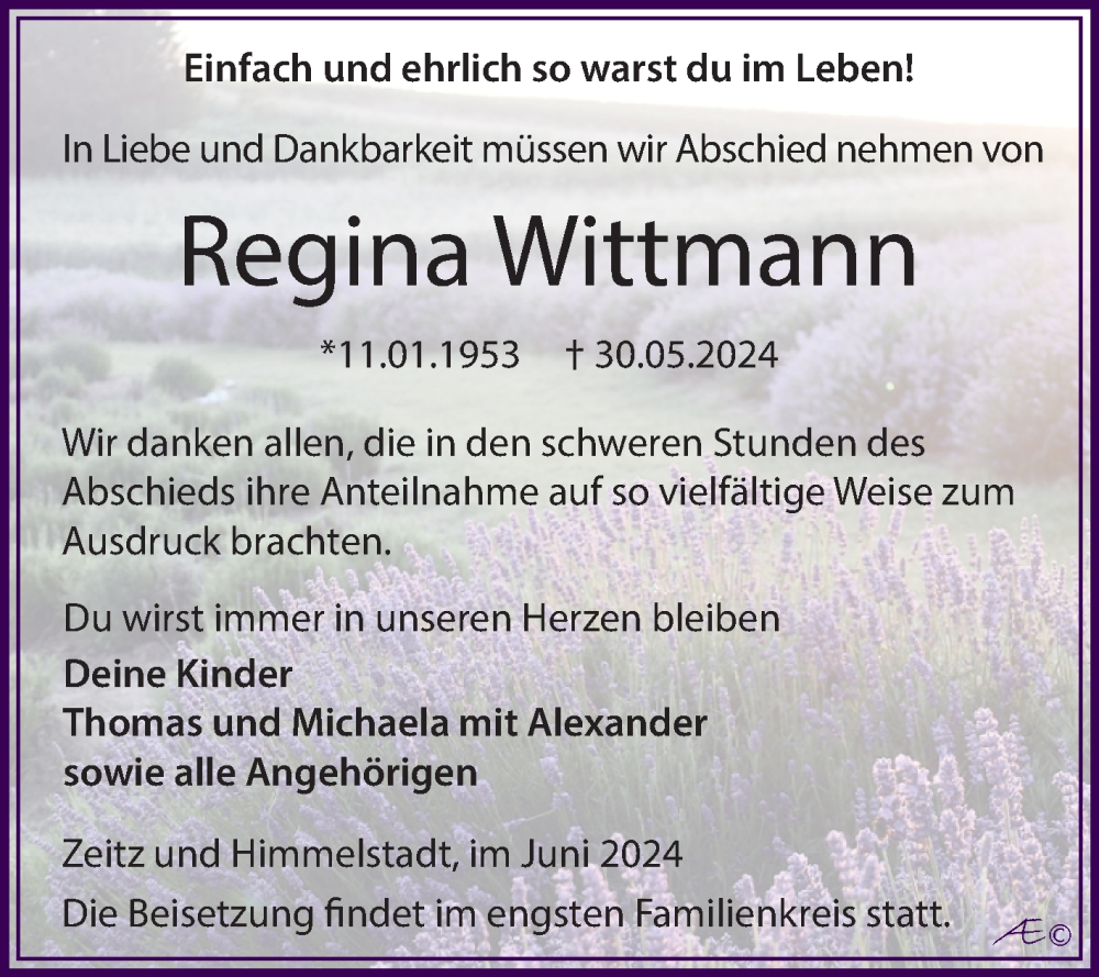  Traueranzeige für Regina Wittmann vom 08.06.2024 aus Trauerkombi Zeitz