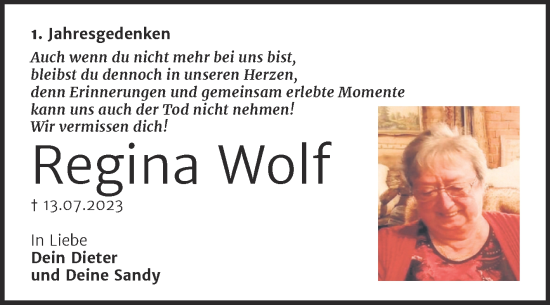 Traueranzeige von Regina Wolf von Naumburger Tageblatt