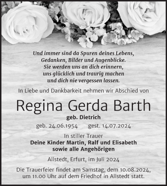 Traueranzeige von Regina Gerda Barth von Trauerkombi Sangerhausen