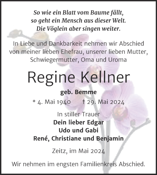 Traueranzeige von Regine Kellner von Trauerkombi Zeitz