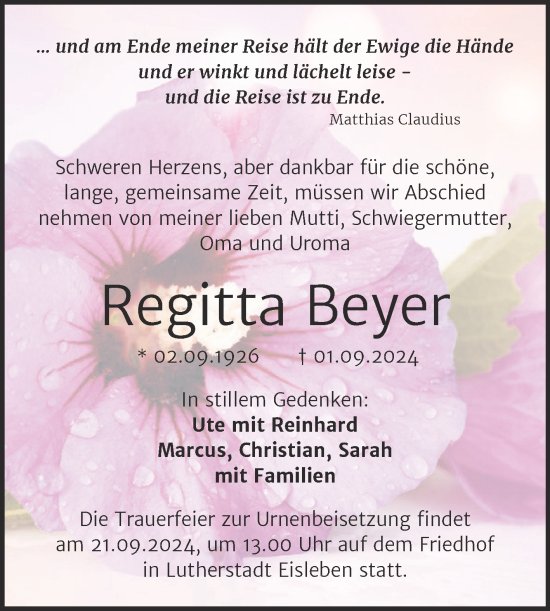 Traueranzeige von Regitta Beyer von Trauerkombi Mansfelder Land