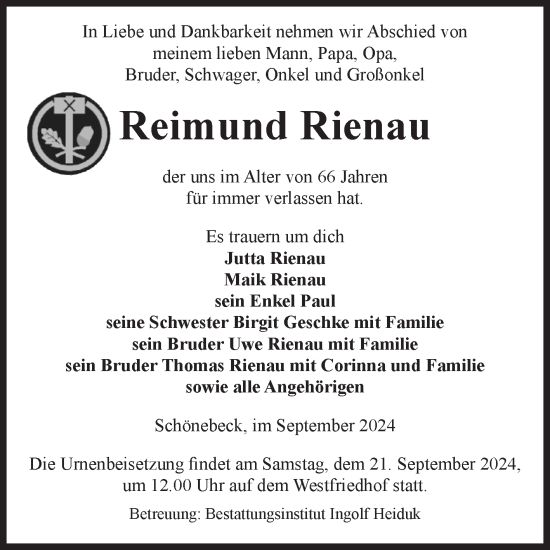 Traueranzeige von Reimund Rienau von Volksstimme Schönebeck