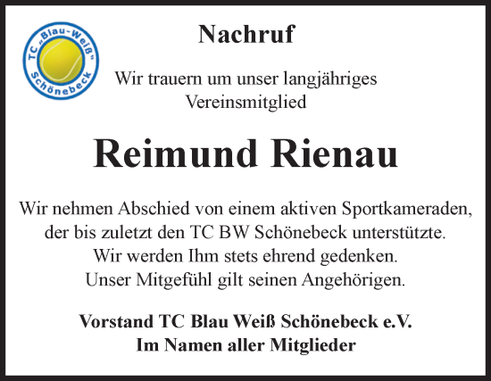 Traueranzeige von Reimund Rienau von Volksstimme Schönebeck