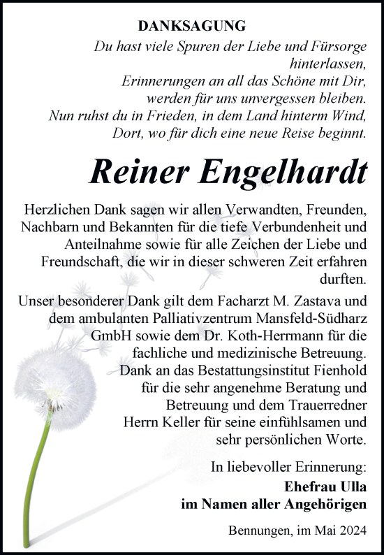 Traueranzeige von Reiner Engelhardt von Trauerkombi Sangerhausen