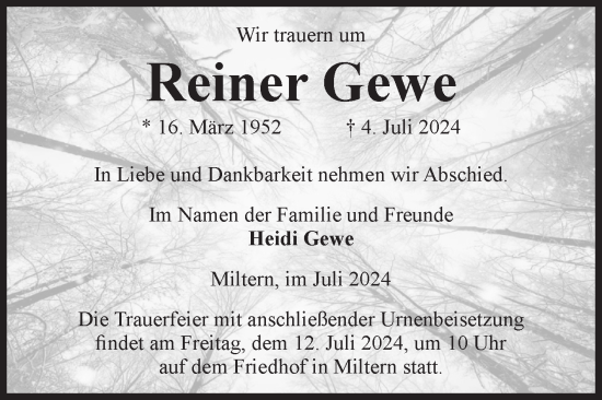 Traueranzeige von Reiner Gewe von Volksstimme Altmark Ost