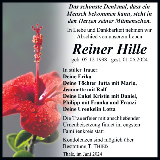 Traueranzeige von Reiner Hille von Trauerkombi Quedlinburg
