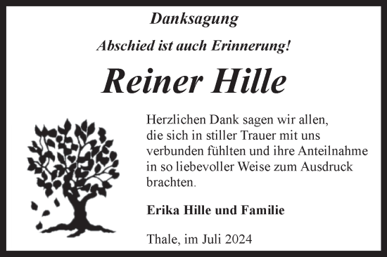 Traueranzeige von Reiner Hille von Trauerkombi Quedlinburg