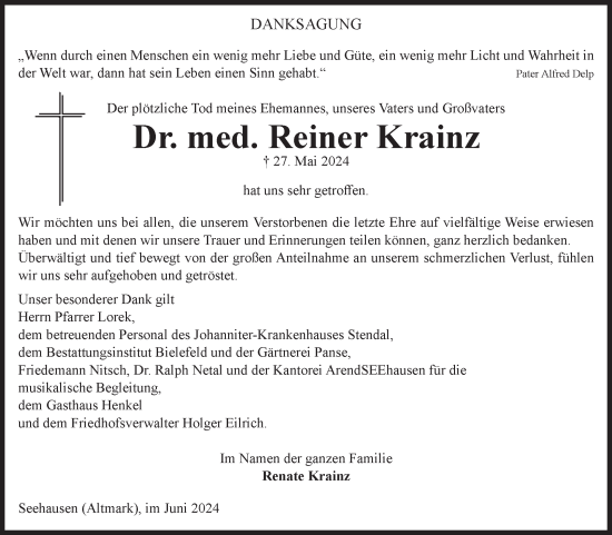 Traueranzeige von Reiner Krainz von Volksstimme Altmark Ost