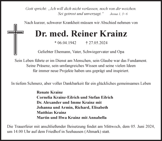 Traueranzeige von Reiner Krainz von Volksstimme Altmark Ost