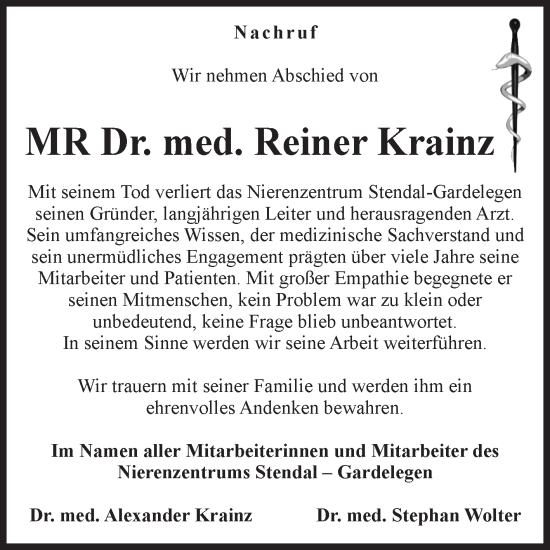 Traueranzeige von Reiner Krainz von Volksstimme Altmark Ost
