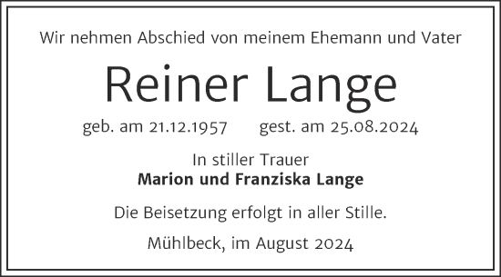 Traueranzeige von Reiner Lange von Trauerkombi Bitterfeld
