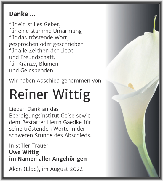 Traueranzeige von Reiner Wittig von Trauerkombi Köthen