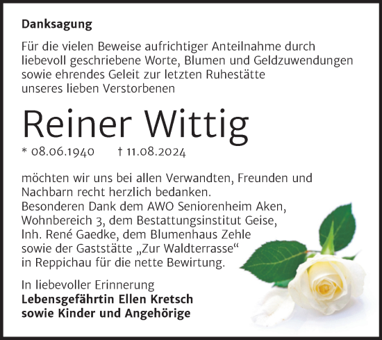 Traueranzeige von Reiner Wittig von Trauerkombi Köthen