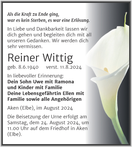 Traueranzeige von Reiner Wittig von Trauerkombi Köthen