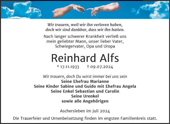Traueranzeige von Reinhard Alfs von Trauerkombi Aschersleben