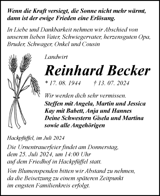 Traueranzeige von Reinhard Becker von Mitteldeutsche Zeitung Sangerhausen