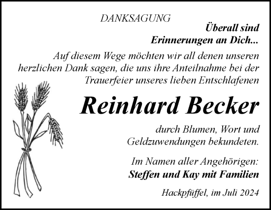 Traueranzeige von Reinhard Becker von Mitteldeutsche Zeitung Sangerhausen