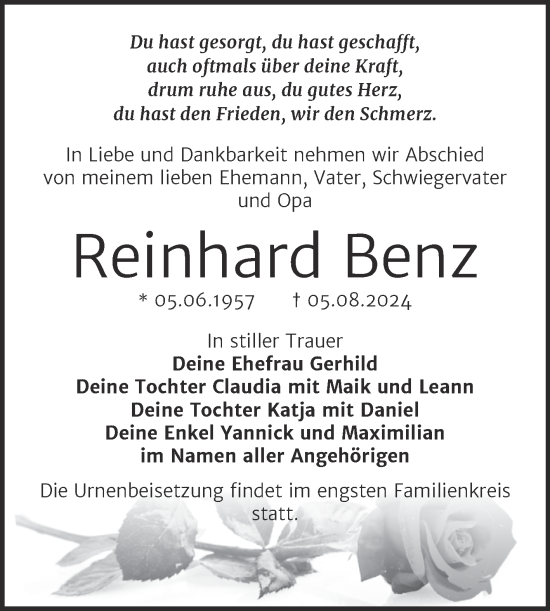 Traueranzeige von Reinhard Benz von Trauerkombi Bitterfeld