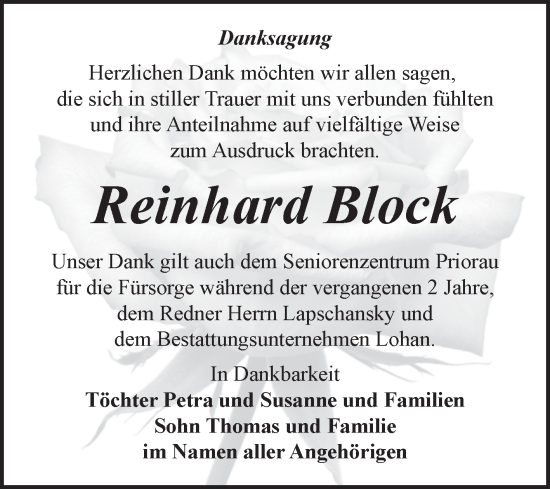 Traueranzeige von Reinhard Block von Trauerkombi Bitterfeld