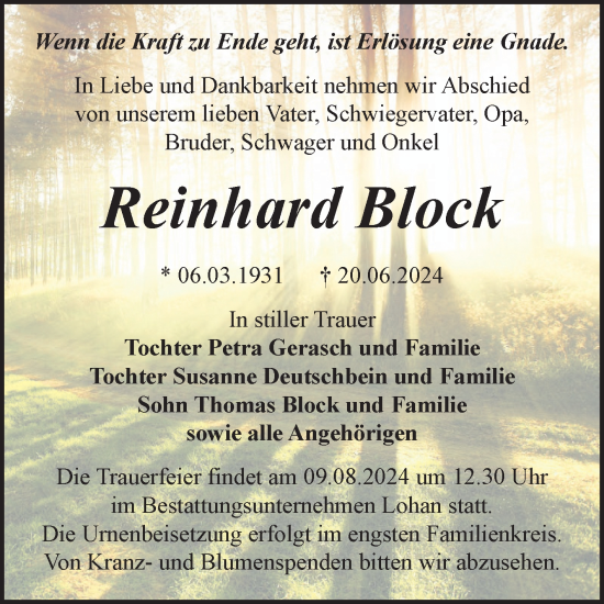 Traueranzeige von Reinhard Block von Trauerkombi Bitterfeld
