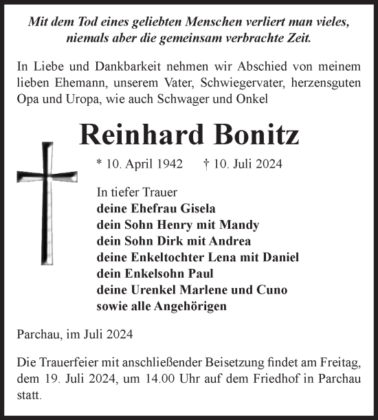 Traueranzeige von Reinhard Bonitz von Volksstimme Burg/Genthin