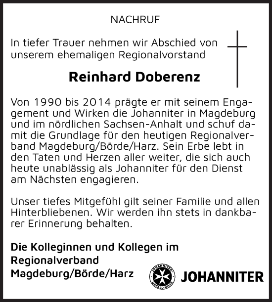 Traueranzeige von Reinhard Doberenz von Volksstimme Magdeburg