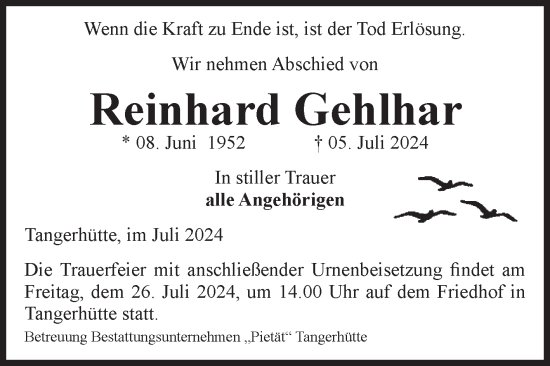 Traueranzeige von Reinhard Gehlhar von Volksstimme Altmark Ost