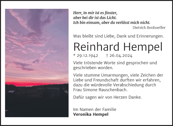 Traueranzeige von Reinhard Hempel von Naumburger Tageblatt