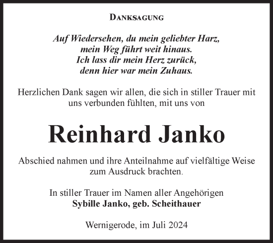 Traueranzeige von Reinhard Janko von Volksstimme Wernigerode