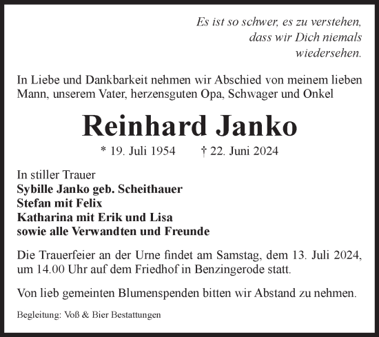 Traueranzeige von Reinhard Janko von Volksstimme Wernigerode