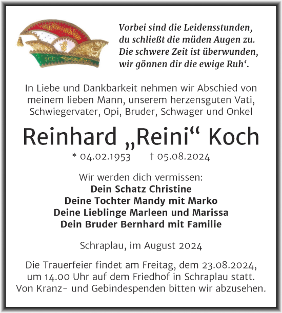 Traueranzeige von Reinhard Koch von Trauerkombi Merseburg